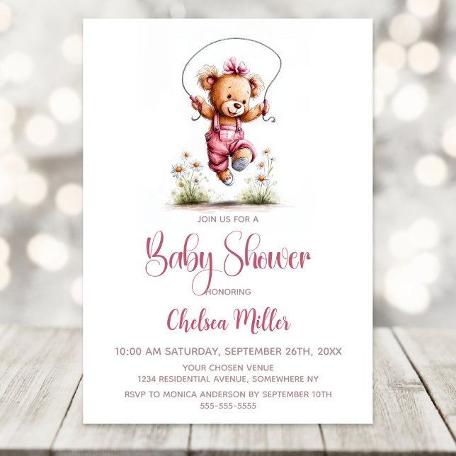 Invitation Girl Teddy Bear Wearing Pink Overalls Baby Shower (Créateur téléchargé)