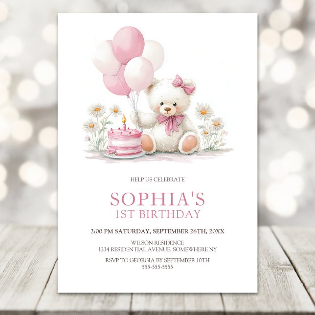 Invitation Girl Teddy Bear with Pink Balloons 1st Birthday (Créateur téléchargé)