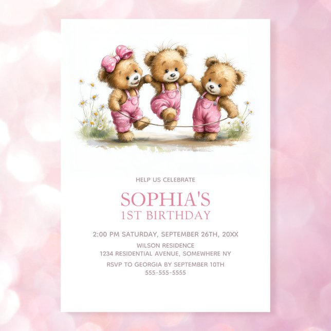 Invitation Girl Teddy Bears 1st Birthday Party (Créateur téléchargé)