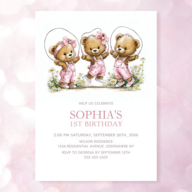 Invitation Girl Teddy Bears In Pink Overalls 1st Birthday (Créateur téléchargé)