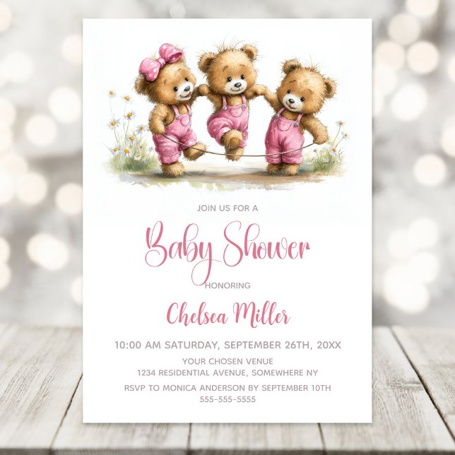 Invitation Girl Teddy Bears in Pink Overalls Baby Shower (Créateur téléchargé)