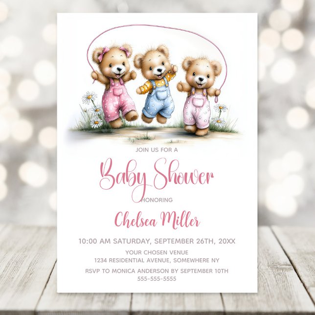 Invitation Girl Teddy Bears Playing Jump Rope Baby Shower (Créateur téléchargé)