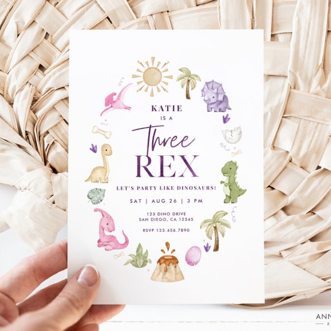 Invitation Girl Three Rex Dinosaur 3ème anniversaire Invitati (Girl Three Rex Invitation)