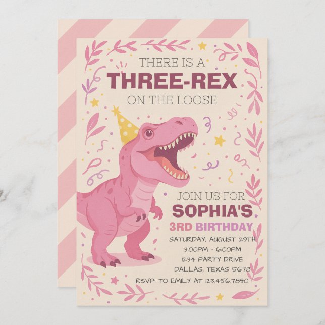 Invitation Girl Three-Rex Dinosaur Birthday (Devant / Derrière)