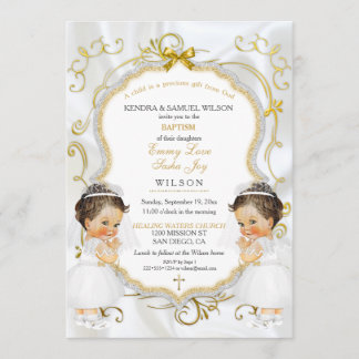 Invitation Girl Twins Baptême Christening Gold