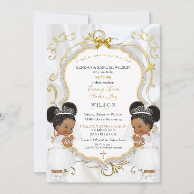 Invitation Girl Twins Baptême Christening Gold Ethnic Puffs (Devant)