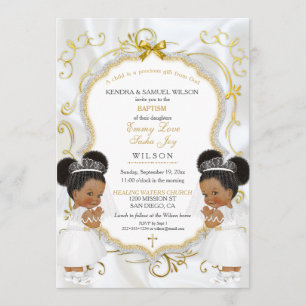 Invitation Girl Twins Baptême Christening Gold Ethnic Puffs