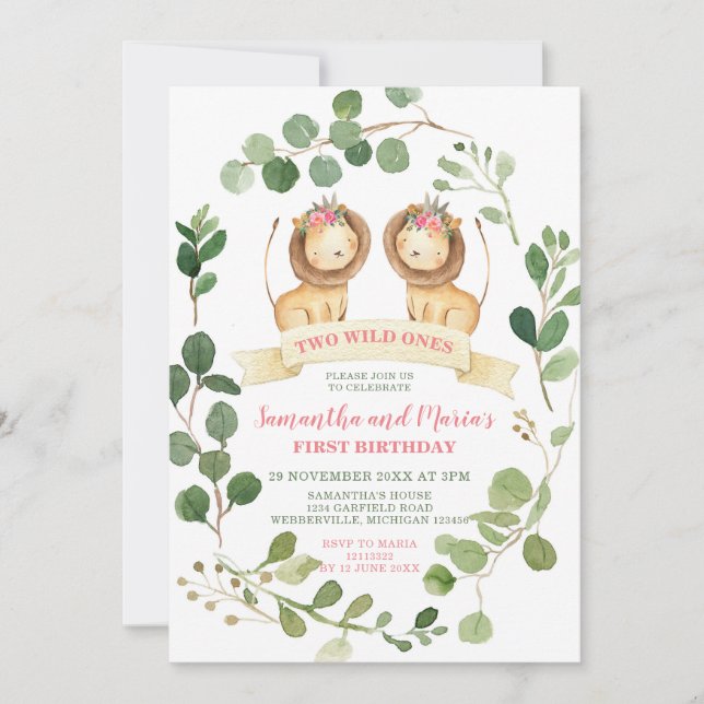 Invitation Girl Twins Lion Cubs Anniversaire de verdure (Devant)