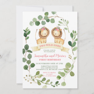 Invitation Girl Twins Lion Cubs Anniversaire de verdure