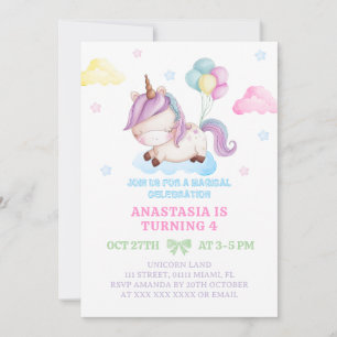 Invitation Girl Unicorn 4e anniversaire Magie Party