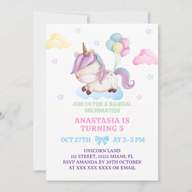 Invitation Girl Unicorn 5e anniversaire Rainbow Party (Devant)