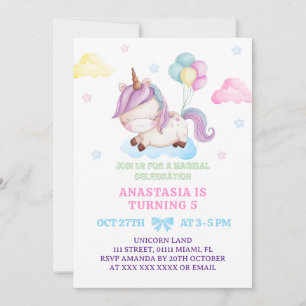 Invitation Girl Unicorn 5e anniversaire Rainbow Party