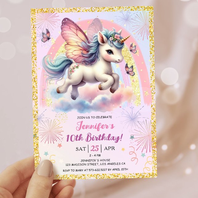 Invitation Girl Unicorn Gold Parties scintillant rose 10e fêt (#UnicornBirthdayInvitation #UnicornBirthdayInvitationTemplate #UnicornBirthdayInvitationEditable 
)