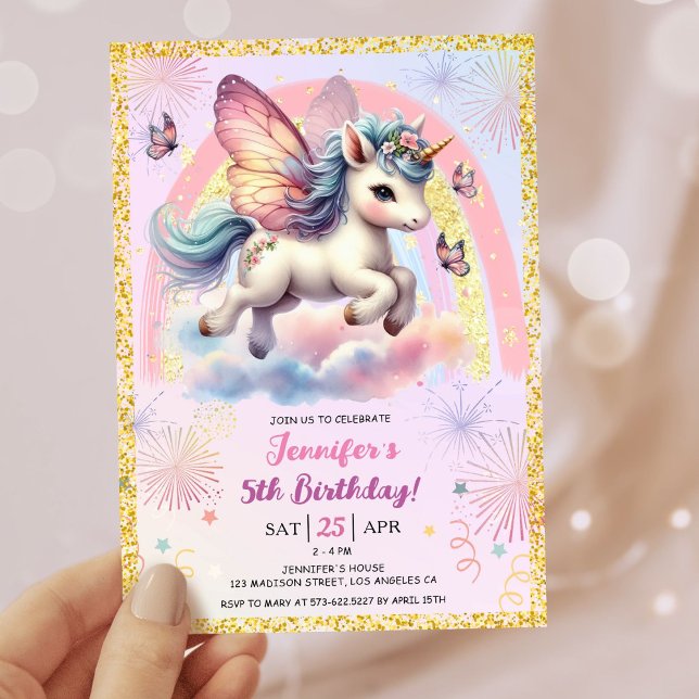 Invitation Girl Unicorn Gold Parties scintillant rose 5e anni (#UnicornBirthdayInvitation #UnicornBirthdayInvitationTemplate #UnicornBirthdayInvitationEditable)