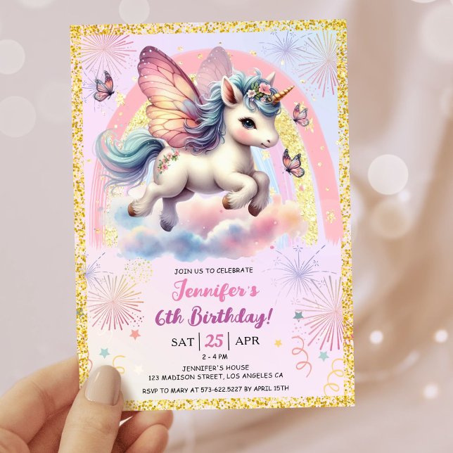 Invitation Girl Unicorn Gold Parties scintillant rose 6e fête (#UnicornBirthdayInvitation #UnicornBirthdayInvitationTemplate #UnicornBirthdayInvitationEditable)