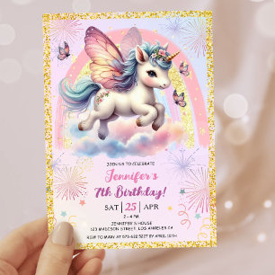 Invitation Girl Unicorn Gold Parties scintillant rose 7e fête