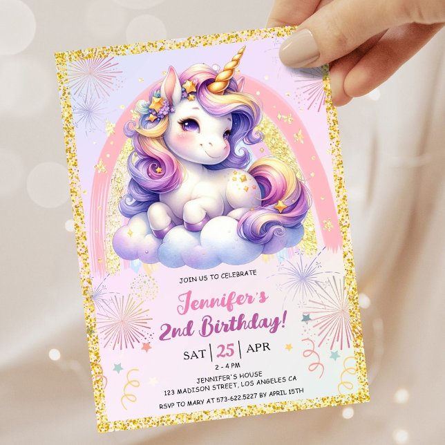 Invitation Girl Unicorn Purple Pink & Gold 2e fête d'annivers (#UnicornBirthdayInvitation #UnicornBirthdayInvitationTemplate #UnicornBirthdayInvitationEditable )