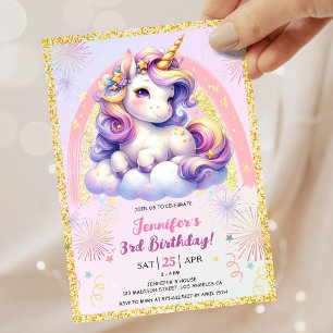 Invitation Girl Unicorn Purple Pink & Gold 3e fête d'annivers