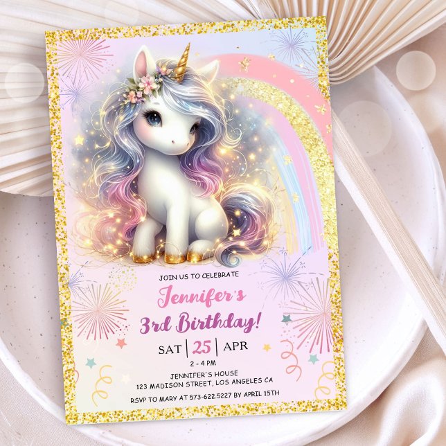 Invitation Girl Unicorn rose or Parties scintillant 3e fête d (Créateur téléchargé)