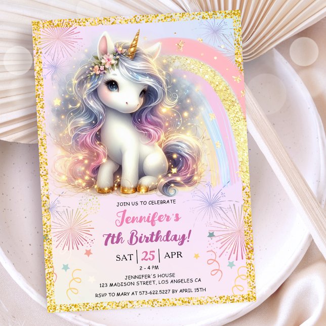 Invitation Girl Unicorn rose or Parties scintillant 7e fête d (#UnicornBirthdayInvitation #UnicornBirthdayInvitationTemplate #UnicornBirthdayInvitationEditable)