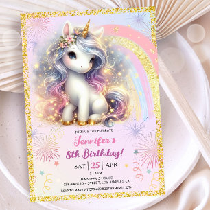 Invitation Girl Unicorn rose or Parties scintillant 8ème anni