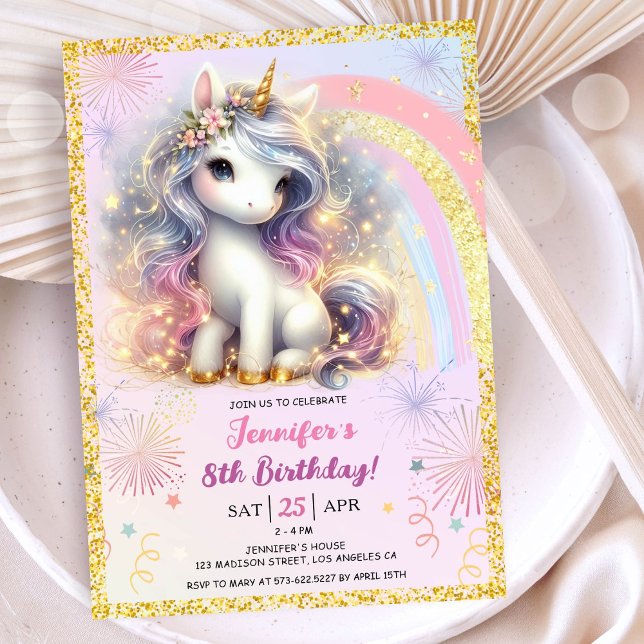 Invitation Girl Unicorn rose or Parties scintillant 8ème anni (#UnicornBirthdayInvitation #UnicornBirthdayInvitationTemplate #UnicornBirthdayInvitationEditable )
