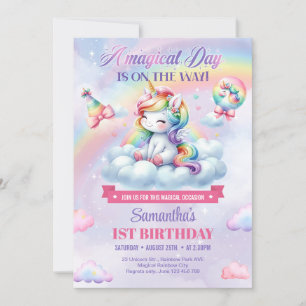 Invitation Girl Unicorn sur un nuage et arc-en-ciel 1er anniv