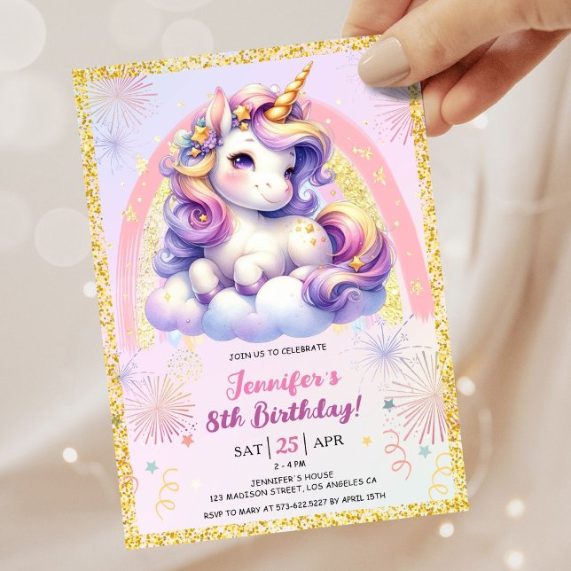 Invitation Girl Unicorn violet rose & or 8e fête d'anniversai (#UnicornBirthdayInvitation #UnicornBirthdayInvitationTemplate #UnicornBirthdayInvitationEditable 
)