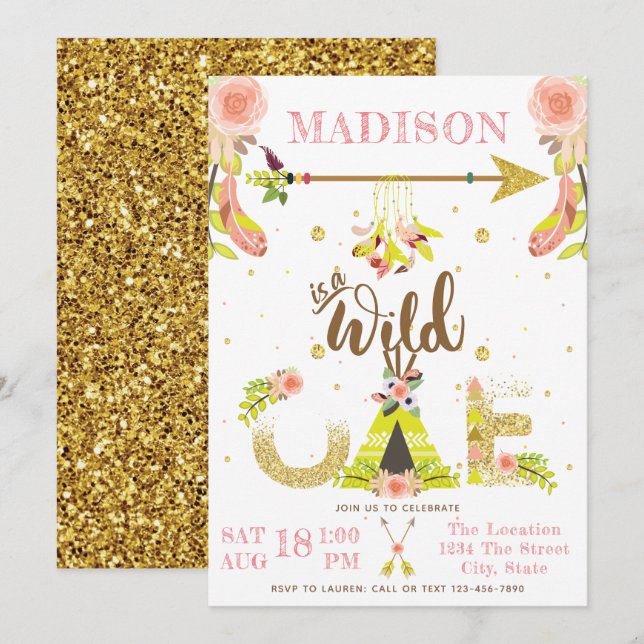 Invitation Girl Wild One Boho premier anniversaire (Devant / Derrière)