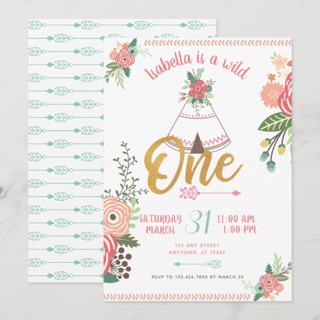 Invitation Girl Wild One Boho Tribal First Birthday Invitatio (Devant / Derrière)