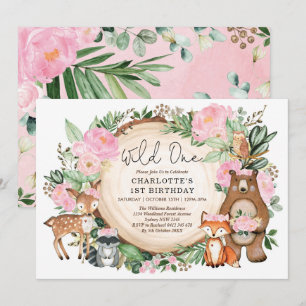 Invitation Girl Wild One Pink Floral Woodland 1er anniversair