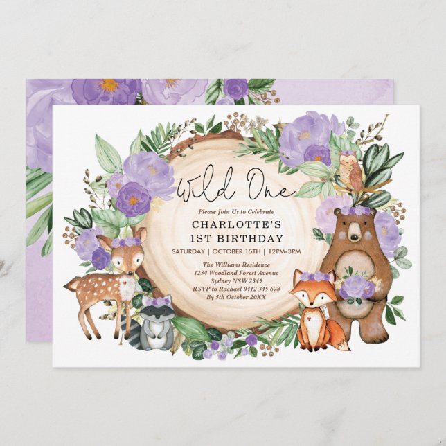 Invitation Girl Wild One Purple Floral Woodland 1er Anniversa (Devant / Derrière)