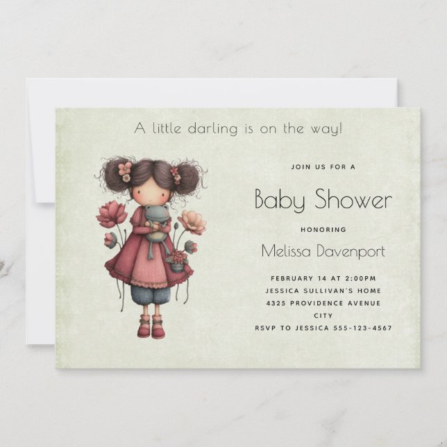 Invitation Girl with A Frog Doll Cute Whimsical Baby Shower (Devant)