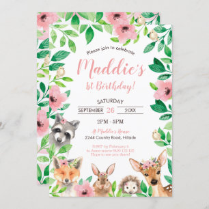 Invitation Girl Woodland 1er Anniversaire Animaux