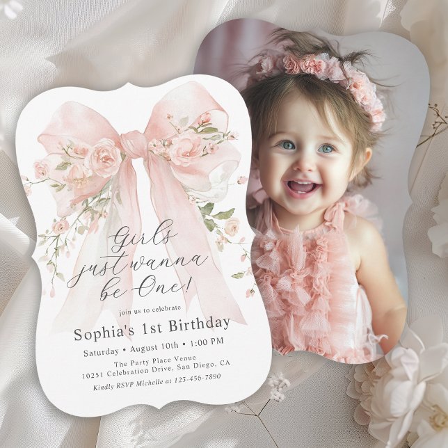 Invitation Girl's 1st Birthday Pink Floral Bow and Photo (Créateur téléchargé)