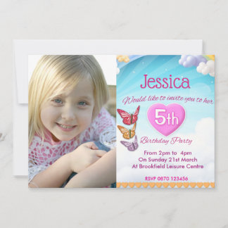 Invitation Girls 5th Birthday Party Photo Invite Butterflies