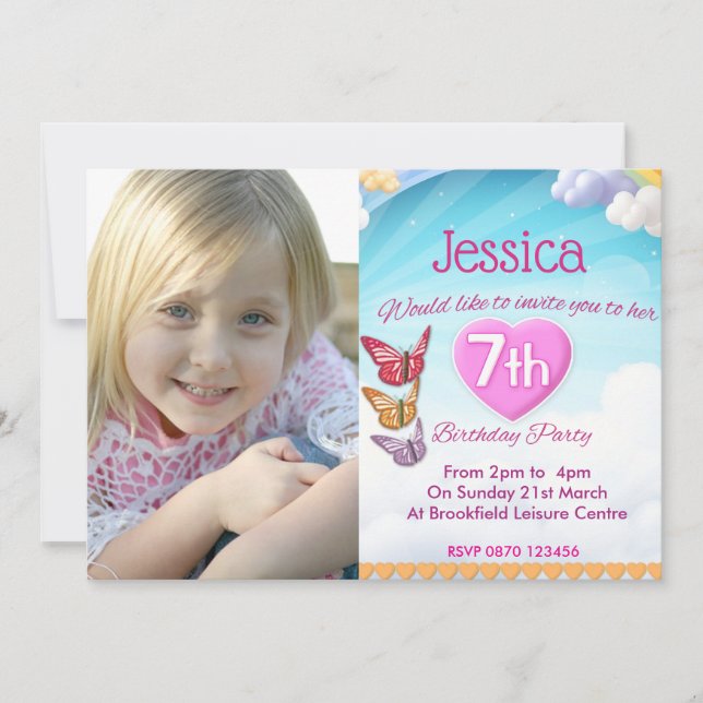 Invitation Girls 7th Birthday Party Photo Invites Butterflies (Devant)