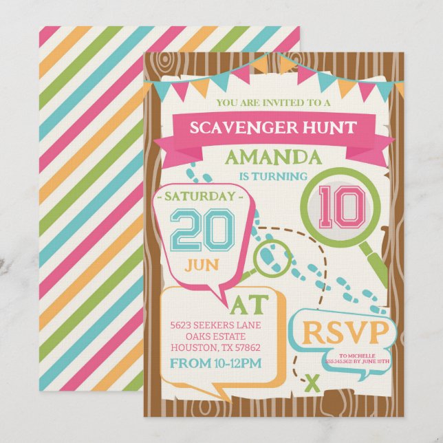 Invitation Girls Birthday Party Scavenger Hunt Birthday Party (Devant / Derrière)