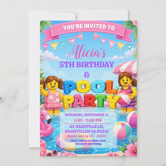 Invitation Girls Bricks Colorful Pool Birthday Party Invitati (Devant)