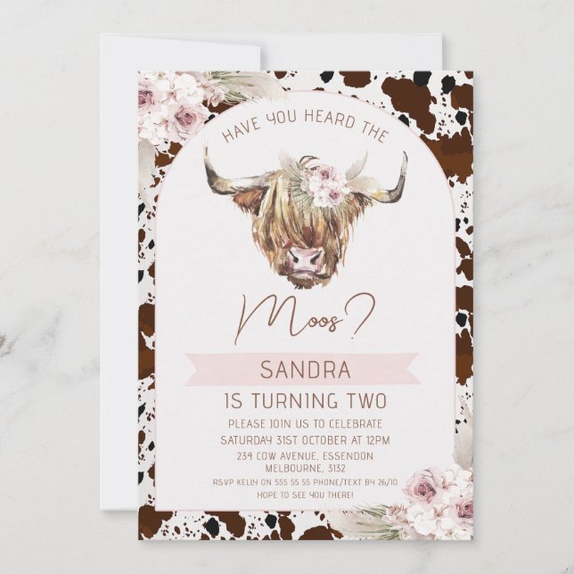 Invitation Girls Brown Highland Cow Cow Imprimer Anniversaire (Devant)