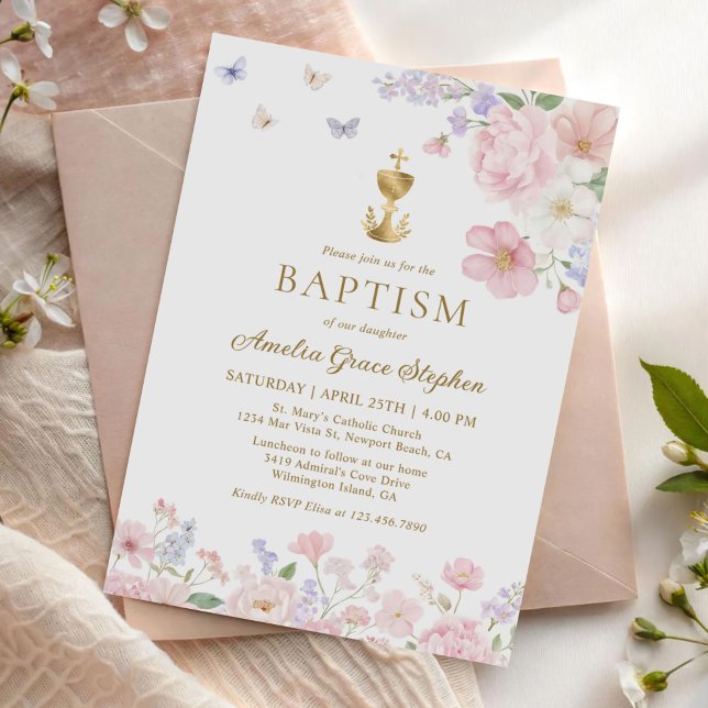 Invitation Girl's Christian Baptism Pastel Floral Butterfly (Créateur téléchargé)
