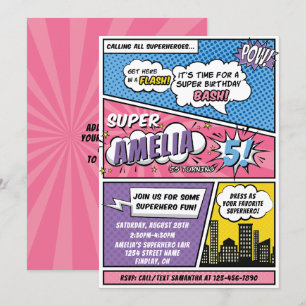 Invitation Girls Comic Style de livre Superhero fête d'annive