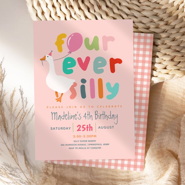 Invitation Girls Cute “Four Ever Silly” 4th Birthday Goose (Créateur téléchargé)
