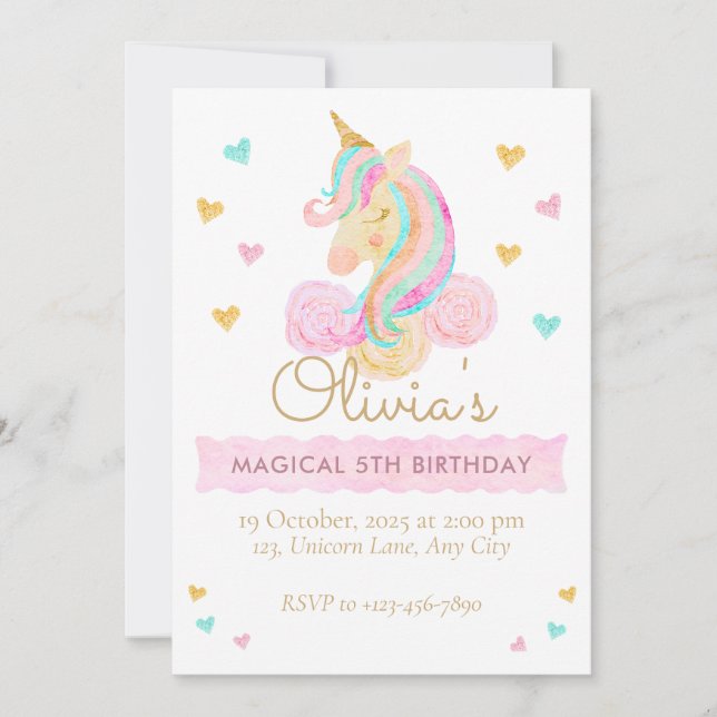 Invitation Girls Cute Pastel Unicorn Magical Birthday (Devant)