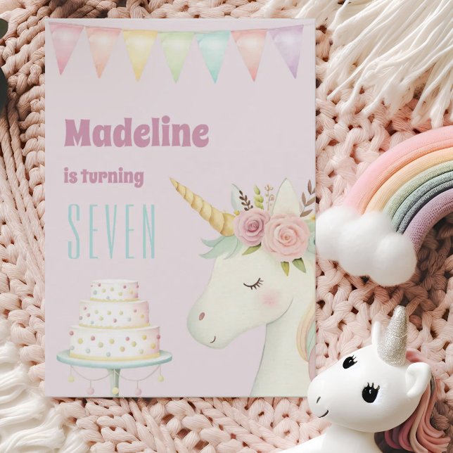 Invitation Girls Cute Pink Unicorn Seventh Birthday (Créateur téléchargé)