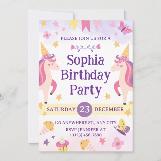 Invitation Girls Cute Purple Unicorn Kids 1th Birthday (Devant)