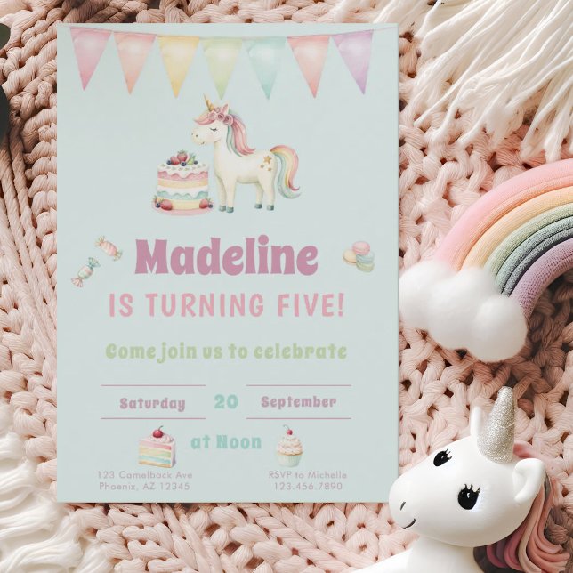 Invitation Girls Cute Turquoise Unicorn Fifth Birthday  (Créateur téléchargé)