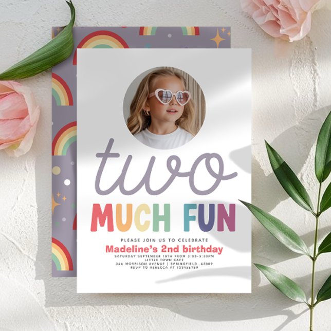 Invitation Girls Cute Two Much Fun Rainbow Photo 2nd Birthday (Créateur téléchargé)