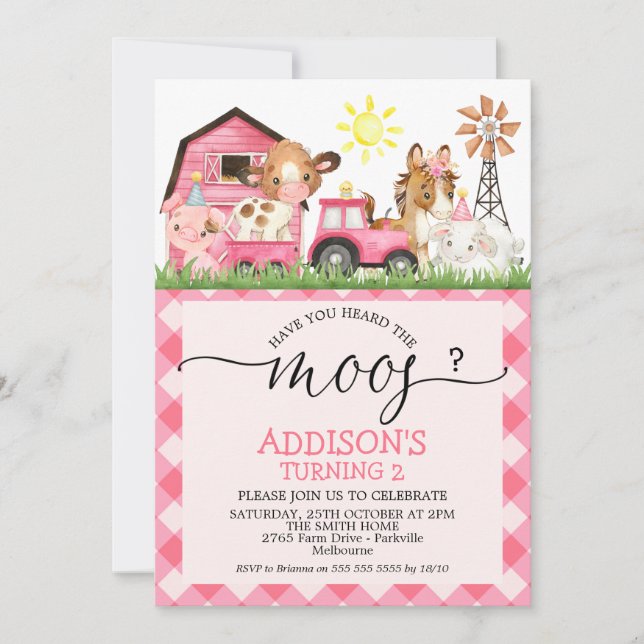 Invitation Girls Farm Avez-Vous Entendu Le Moos Birthday Invi (Devant)