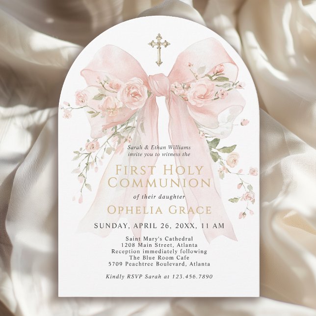 Invitation Girl's First Communion Pink Floral Bow Arched (May be ordered in both printed and instant download digital formats.)